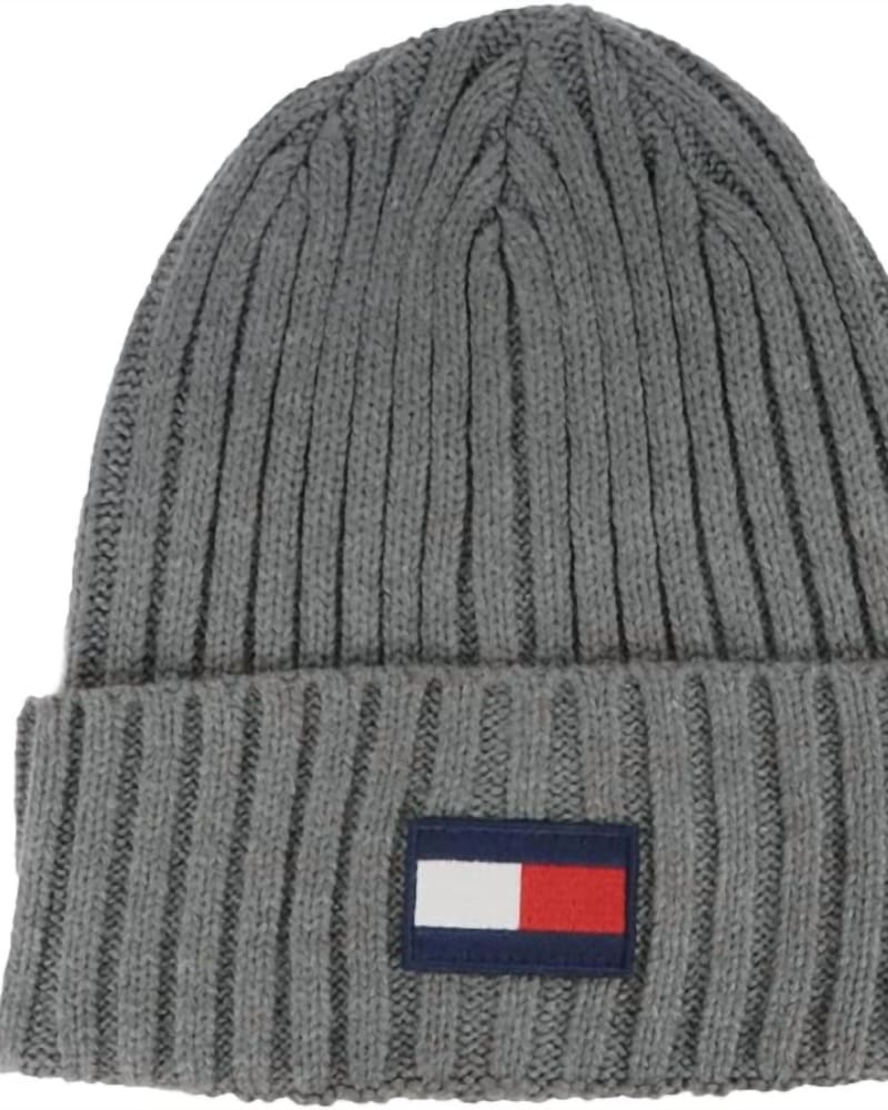 Front of a size one-size-fits-all Fleece Big Flag Beanie Hat In Charcoal in Charcoal by Tommy Hilfiger. | dia_product_style_image_id:353647